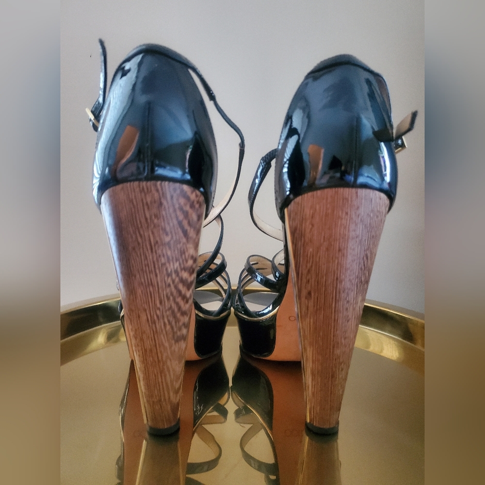 Jimmy Choo Black Patent Leather Platform Sandals with Wood-Effect Heels - Picture 12 of 16